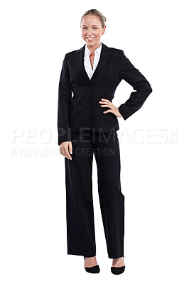 Buy stock photo Full length portrait of a businessman standing with her hand on her hip against a white background