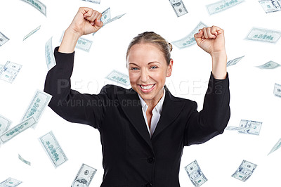 Buy stock photo Cropped portrait of a businesswoman cheering as money rains down against a white background