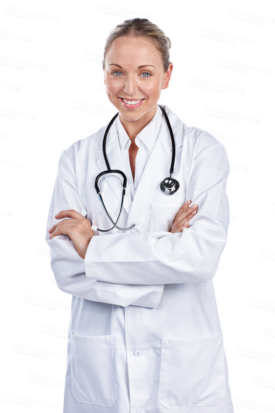 Buy stock photo Cropped portrait of a female doctor standing with her arms folded against a white background