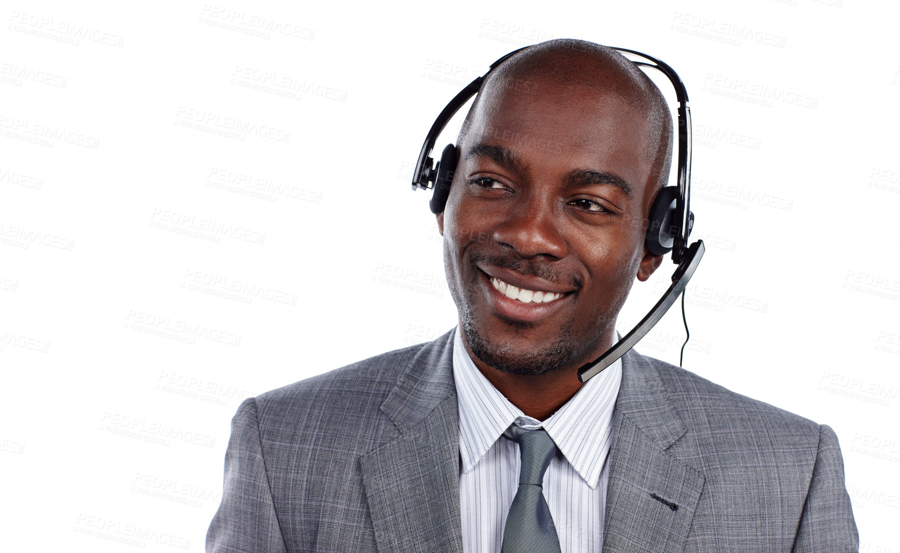 Buy stock photo Cropped shot of a businessman wearing a headset against a white background