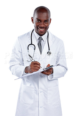 Buy stock photo Portrait, healthcare and insurance with a doctor black man in studio isolated on a white background. Medical, documents and a happy male medicine professional writing on a clipboard while consulting