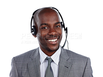 Buy stock photo Cropped portrait of a businessman wearing a headset against a white background