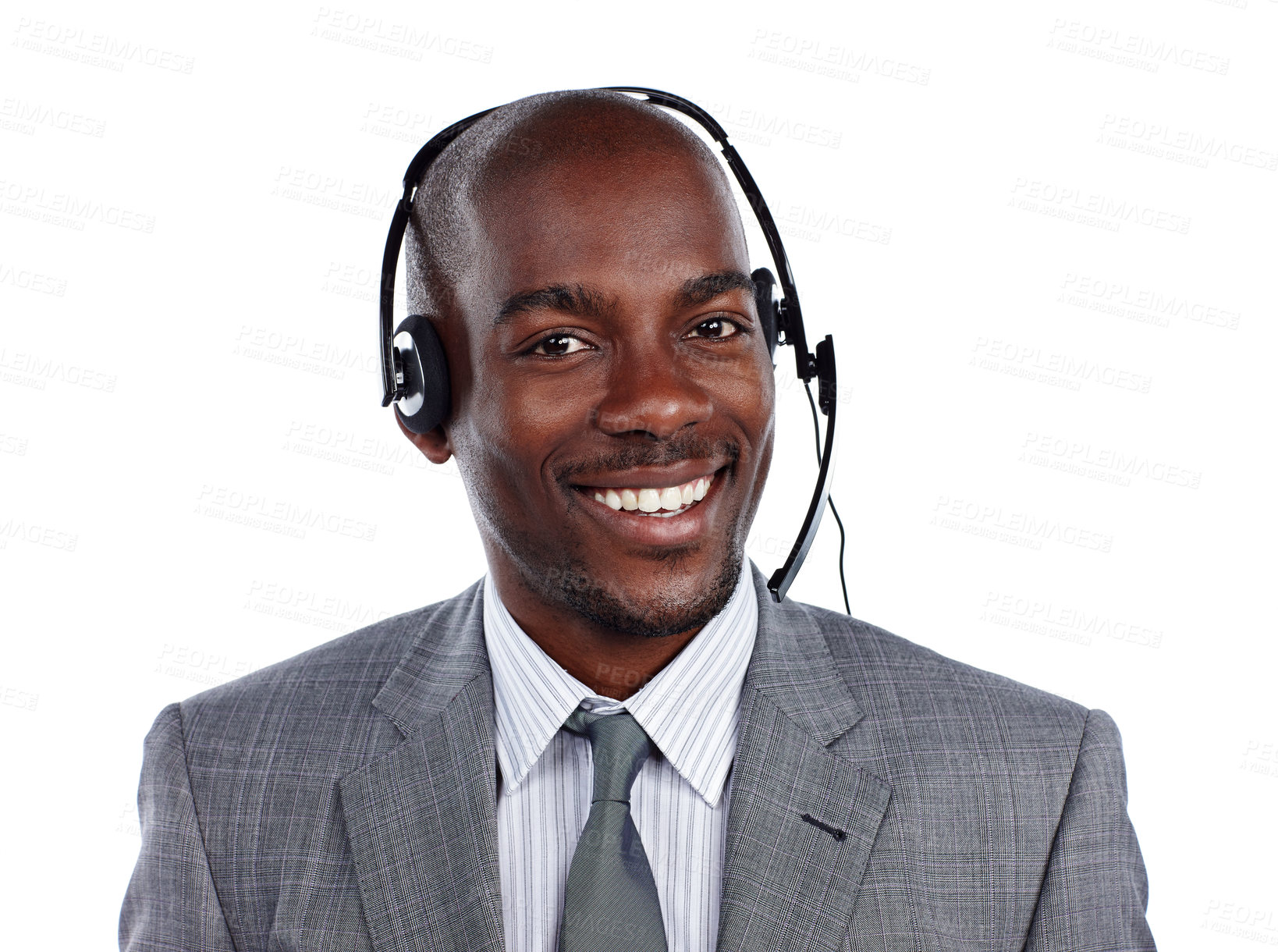 Buy stock photo Cropped portrait of a businessman wearing a headset against a white background