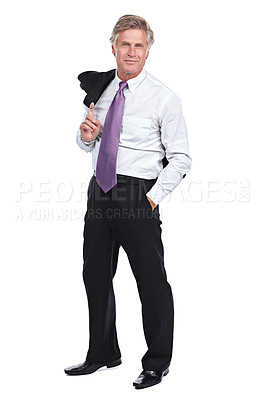 Buy stock photo Full length portrait of a businessman standing with his hand in his pocket against a white background