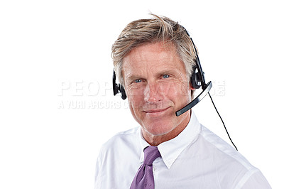 Buy stock photo Cropped portrait of a businessman wearing a headset against a white background