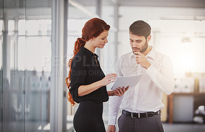Buy stock photo Business people, documents and sharing ideas for corporate finance, planning or meeting at the office. Businessman and woman discussing paperwork for project, financial management or company budget
