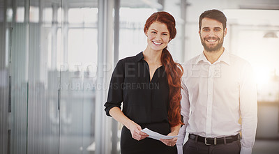 Buy stock photo Business people, portrait smile and paperwork for meeting, planning or corporate finance at the office. Happy businessman and woman smiling with documents for team leadership or financial management
