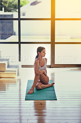 Buy stock photo Pilates, stretching and woman in gym for exercise with zen, wellness or health workout. Mindfulness, balance and calm female person with yoga training for fitness with mat on floor in studio.