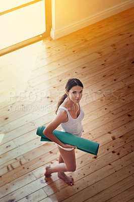 Buy stock photo Woman, portrait and mat for yoga in home, wellness and above for spiritual awareness. Happy female person, pilates and exercise or fitness in living room, zen and mindfulness for morning routine
