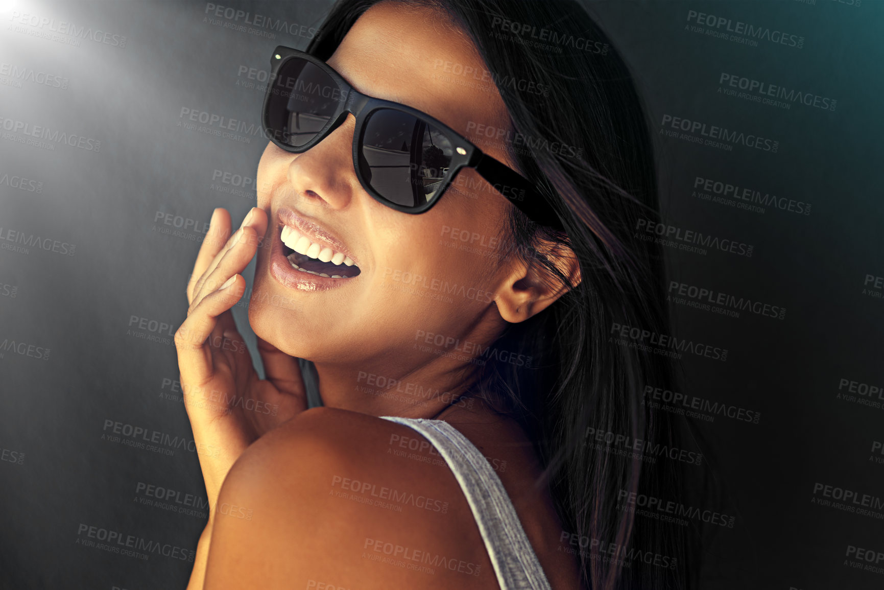Buy stock photo Fashion, smile or woman in sunglasses laughing in studio on black background for cool eyewear or style. Trendy model, happy lady or funny person isolated with stylish accessory, joke or edgy shades