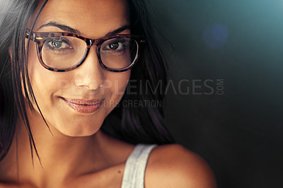 Buy stock photo Woman, face and smile with glasses and vision with designer frame with prescription lens on studio background. Portrait, eye care and female model with fashion eyewear, optometry and mockup space