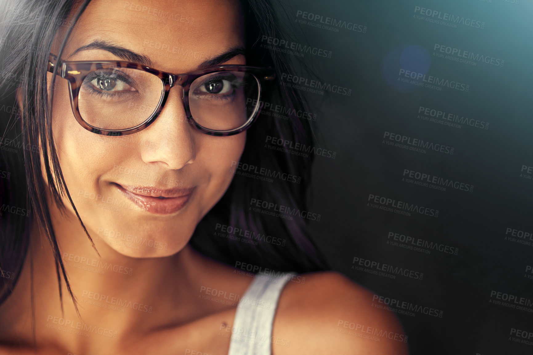 Buy stock photo Woman, face and smile with glasses and vision with designer frame with prescription lens on studio background. Portrait, eye care and female model with fashion eyewear, optometry and mockup space