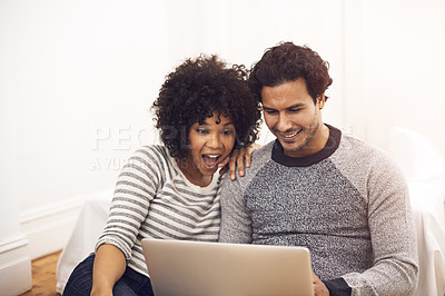 Buy stock photo Couple, laptop and living room with lounge, smile and love for home or house date. Man, woman and technology for surprise, shock and social media for bonding and happy relationship or marriage