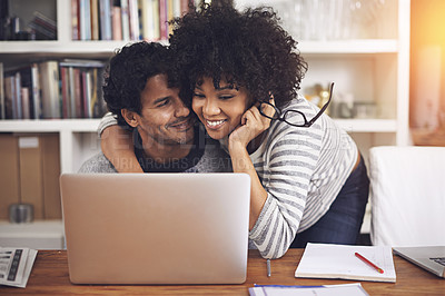 Buy stock photo Laptop, hugging and couple reading in home office with online blog on internet together. Happy, love and young woman embracing husband and browsing on website with computer at modern apartment.