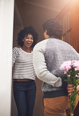 Buy stock photo Surprise, flowers and woman with man by door for anniversary or romantic gift at apartment. Happy, shock and back of male person with bouquet of pink floral plants for girlfriend at modern home.