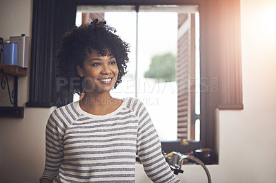 Buy stock photo Smile, thinking and woman in home with memory, reflection and ideas facial expression. Happy, planning and young female person with brainstorming face in kitchen of modern house or apartment.