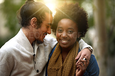Buy stock photo Cropped shot of an affectionate young couple on campus