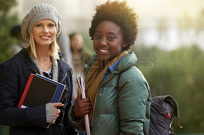 Buy stock photo Cropped portrait of two college students on campus