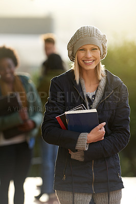 Buy stock photo Student, happy woman and portrait with books on campus, education and learning material for studying. Scholarship, smile at university for academic growth, textbook or notebook with knowledge outdoor