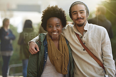 Buy stock photo Students, university and portrait of couple of friends on campus with hug and embrace outdoor. College, school education and diversity with a happy smile from bonding and walking to class for study