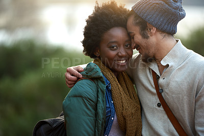 Buy stock photo Cropped shot of an affectionate young couple on campus
