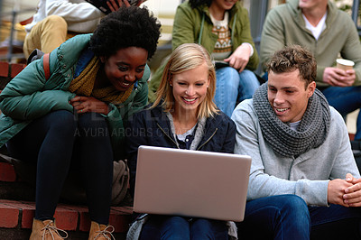 Buy stock photo College, students and laptop on stairs outdoor for research, relax or break on campus with social media. University, friends or smile with technology for internet, streaming or learning and diversity
