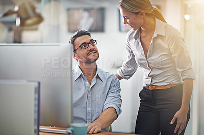 Buy stock photo Team, collaboration and help from mentor on computer and training employee in office. People, talking and learning from woman in business with support or advice in IT, software or feedback on project