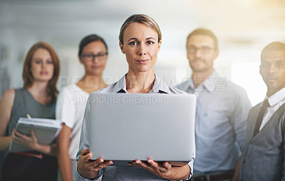 Buy stock photo Portrait, team leader and business woman with laptop in office, workplace or company together. Face, computer and professional group of employees, entrepreneur and consultants with collaboration