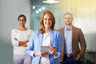 Buy stock photo Portrait of a businesswoman holding a digital tablet with her colleagues blurred in the background