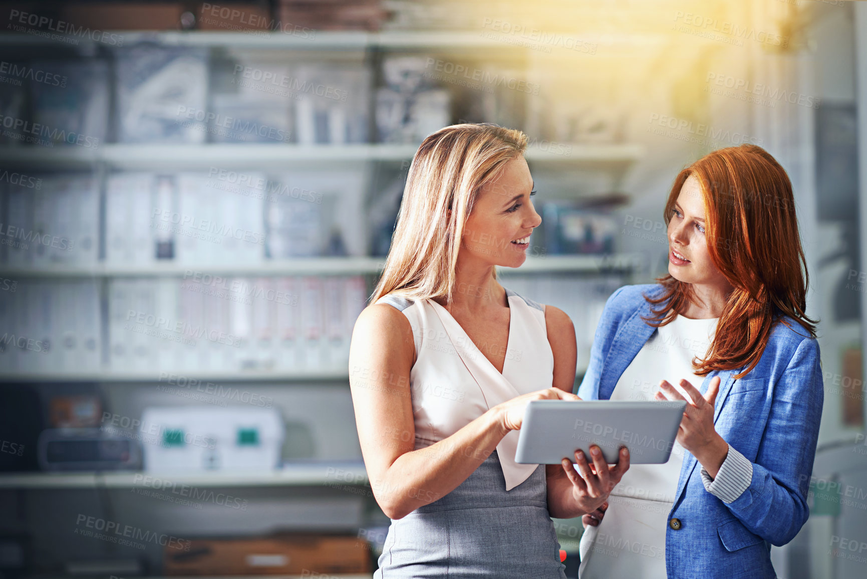 Buy stock photo Teamwork, tablet and planning with a business partnership doing research together in their office at work. Collaboration, strategy or corporate team with women employees working using online tech