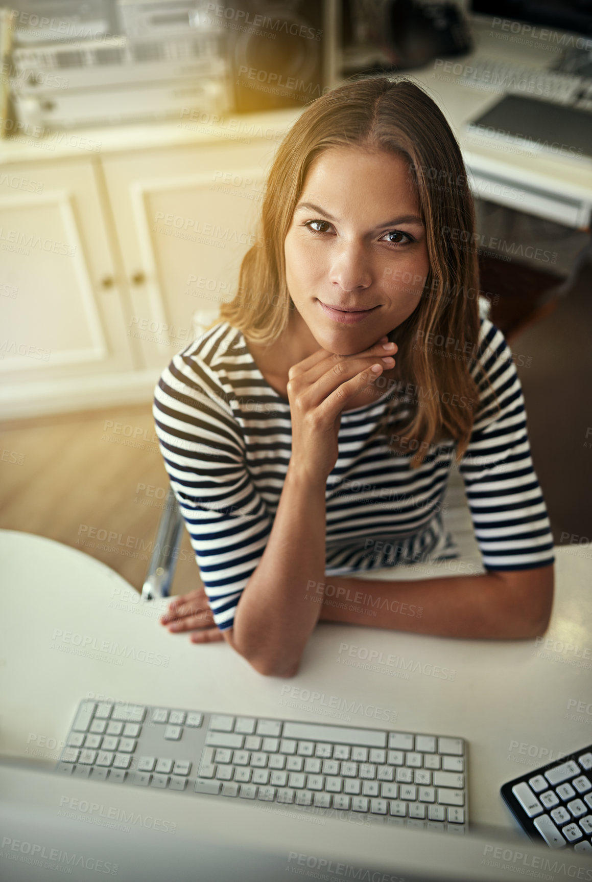 Buy stock photo Portrait, woman and smile in home for remote work, opportunity and confident at tech. Above, creative writer and happy at desk for career growth, development and pride for positive feedback in Canada