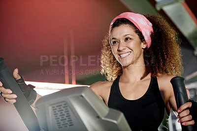 Buy stock photo Fitness, happy or woman on stepper machine for cardio training, body workout or energy for endurance. Development, exercise or healthy sports person in gym club for aerobics, challenge or wellness