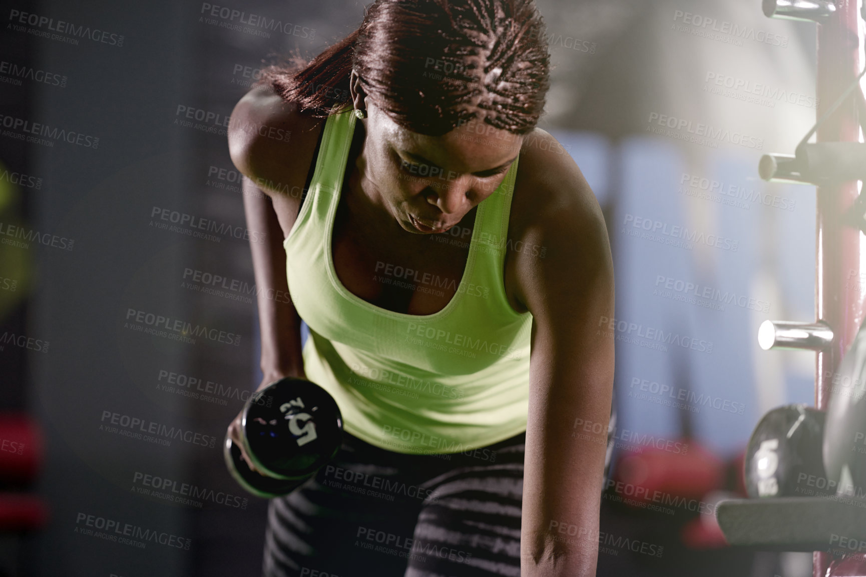 Buy stock photo Black girl, weight or strength as fitness, health or wellness by training, exercise or workout. Fit, strong or athletic woman in gym, gear or muscle as power, performance or self care with dumbbell