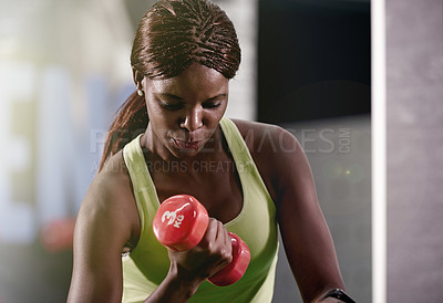 Buy stock photo African woman, weight or strength as fitness, health or wellness by training, exercise or workout. Fit, strong or black girl in gym, gear or muscle as breath, power or performance of self care