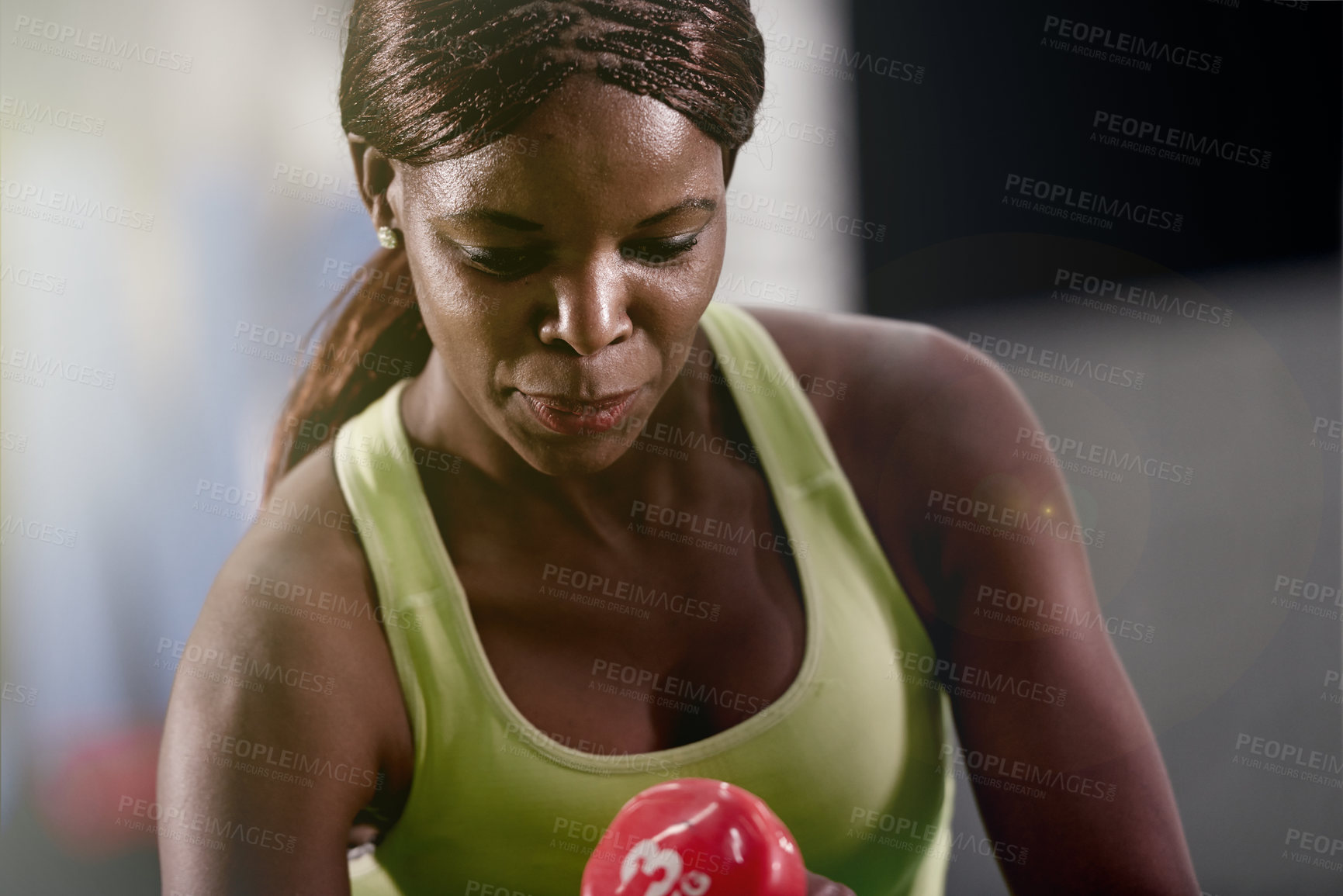 Buy stock photo Gym, black woman and dumbbell with weightlifting for fitness, health and sweating. Strong, exercise and workout with young person and training with weights in sports centre for muscle, power and body