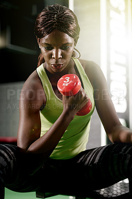 Buy stock photo Weight, black woman or breath as strength, fitness or health by training, exercise or workout. Flex, arm or African girl as confident, fit or muscle by power, performance or self care of gym wellness