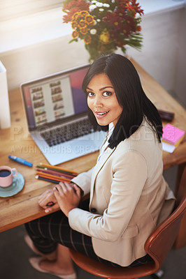 Buy stock photo Portrait, woman and laptop screen with smile in home office in company or business for stationary, files and coffee. Female entrepreneur, online and ux in startup for tech, above and workspace