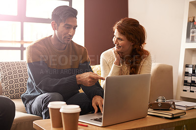 Buy stock photo Young couple, laptop and break in coffee shop for latte drinks, love and bonding together on weekend. Man, woman and computer for photography editing on social media update and cappuccino in cafe
