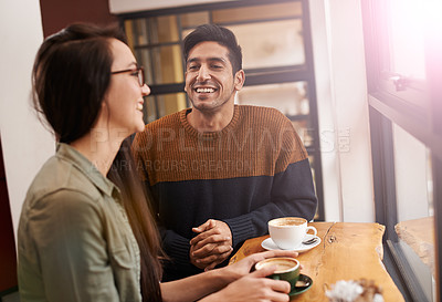 Buy stock photo Coffee shop, happy and couple laugh with drink in conversation, talking and chatting for bonding. Love, morning and man and woman with caffeine, cappuccino and beverage in restaurant, cafe and store