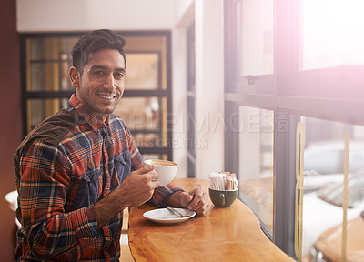 Buy stock photo Happy man, portrait and cafe with coffee by window for morning, breakfast or start of the day. Male person with smile, drink or beverage in relax for caffeine, mug or cup of tea at indoor restaurant