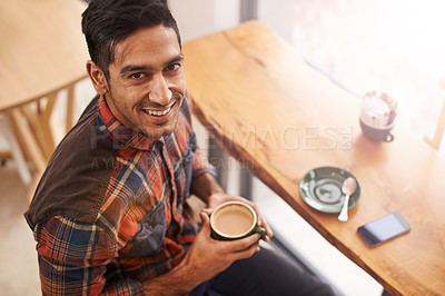Buy stock photo Happy man, portrait and cafe with coffee for morning, breakfast or relax at indoor restaurant. Face of young male person with smile and enjoying beverage, drink or cappuccino at cafeteria or shop