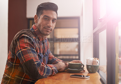 Buy stock photo Man, portrait and coffee by window for morning, breakfast or drink at indoor cafe or restaurant. Male person or freelancer with smile for latte, customer service or cappuccino at cafeteria or shop