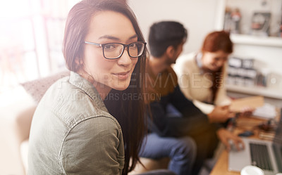 Buy stock photo Teamwork, business people and portrait of woman in meeting, discussion and conversation for ideas. Restaurant, creative agency and men and women in cafe for brainstorming, planning and collaboration