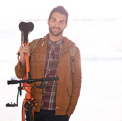 Buy stock photo Man, portrait and bike for travel with transport, carbon footprint and sustainable commute for environment. Bicycle for eco friendly journey, cycling and happy with rider, workout and wellness