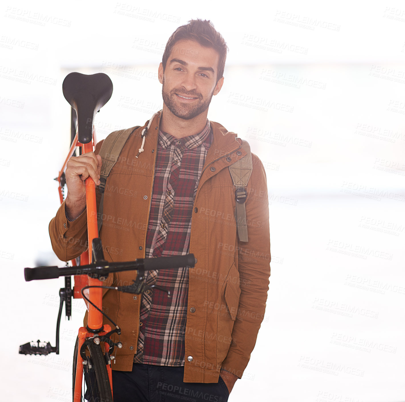 Buy stock photo Man, portrait and bike for travel with transport, carbon footprint and sustainable commute for environment. Bicycle for eco friendly journey, cycling and happy with rider, workout and wellness