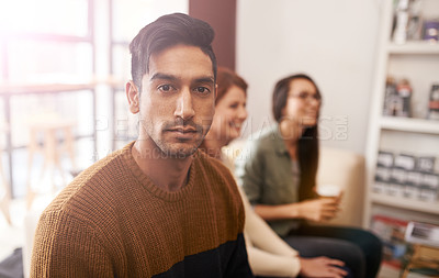 Buy stock photo Coffee shop, business people and portrait of man in meeting, discussion and conversation for ideas. Teamwork, creative agency and men and women in cafe for brainstorming, planning and collaboration