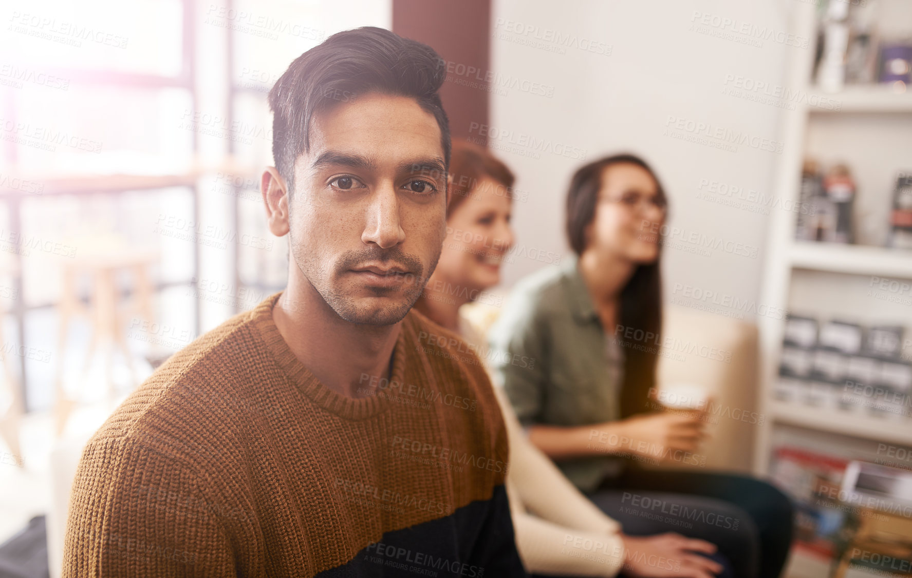 Buy stock photo Coffee shop, business people and portrait of man in meeting, discussion and conversation for ideas. Teamwork, creative agency and men and women in cafe for brainstorming, planning and collaboration