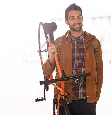 Buy stock photo Man, happy and bike for travel with transport, carbon footprint and sustainability with commute for environment. Bicycle for eco friendly journey, cycling and smile with rider, workout and wellness