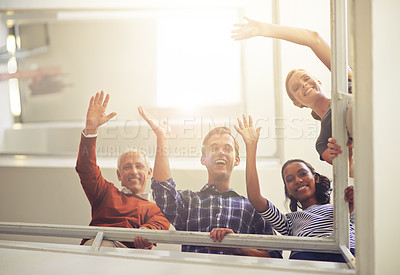 Buy stock photo Portrait, stairs and business people with wave, teamwork and lens flare with sunshine and cooperation. Face, staff and group with collaboration or steps with professional or PR consultant with agency