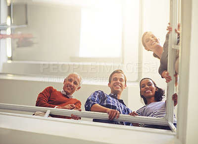 Buy stock photo Men and women, colleagues and bottom view with smile, business people and looking at stairs. Professional team, diversity and standing for break, flare and conversation in workplace or office